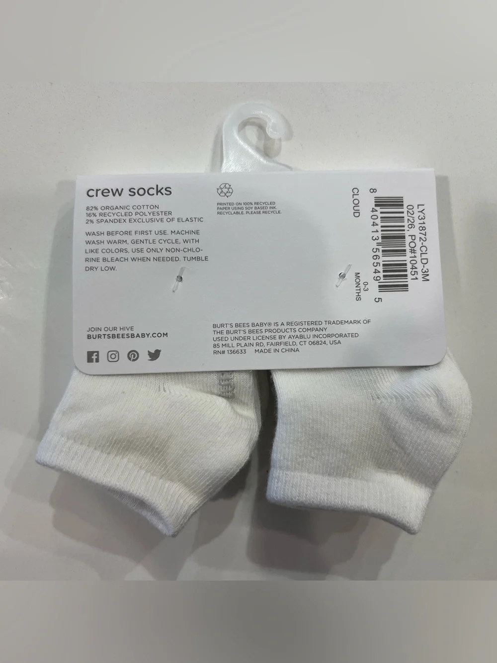 NWT Burt’s Bees Baby Crew Socks: 0-3M